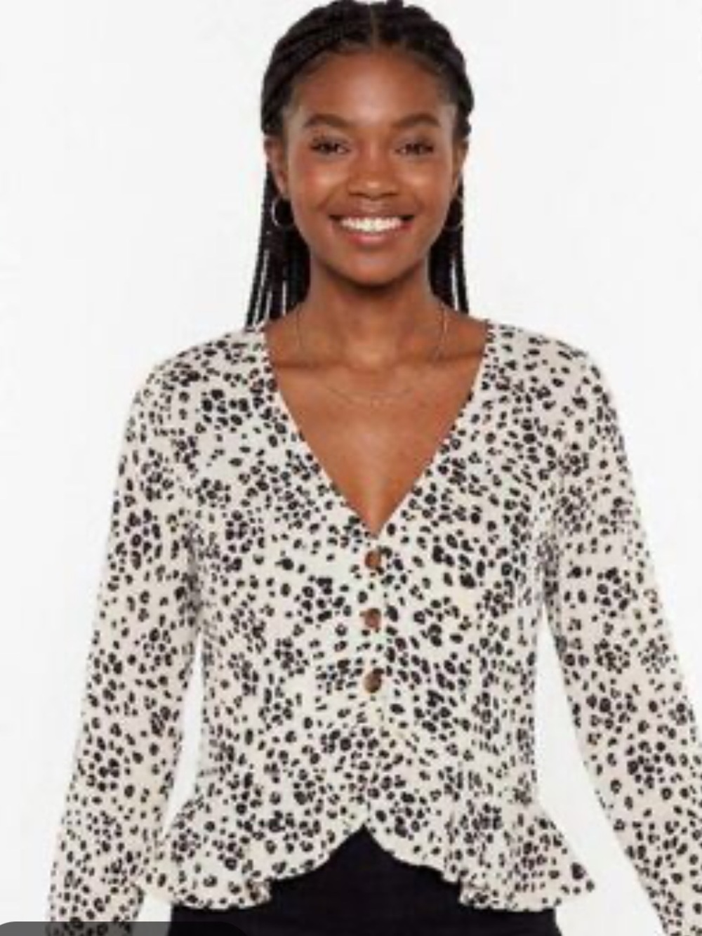 Nasty Gal Cream Dalmatian Button-Front Peplum Blouse size 4